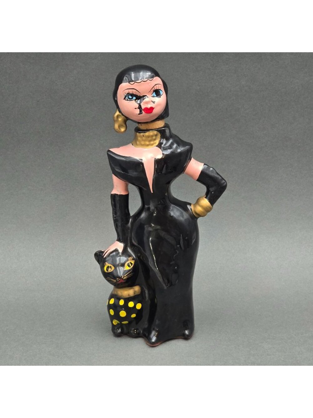 Vintage Rockabilly Sake Decanter Retro Cat Lady Barware Japan 9.5" Gothic Novelt